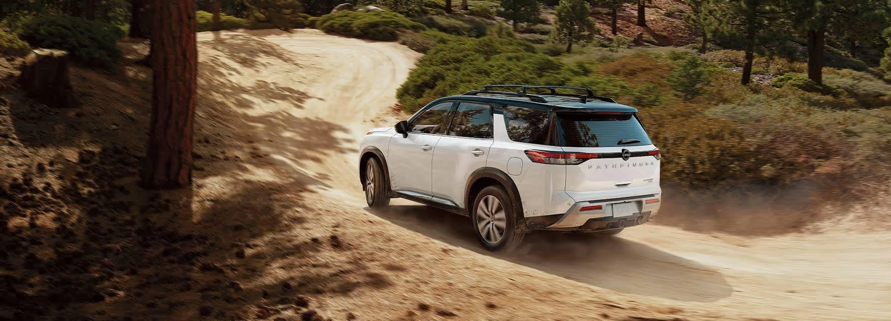 Pearl-White-Nissan-Pathfinder-on-a-forest-path.webp